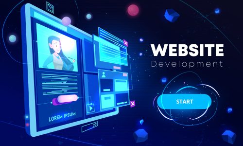 Website development banner, computer technology, monitor with open browser page and woman profile on screen, futuristic background in neon glowing colors. Cartoon vector illustration, landing page
